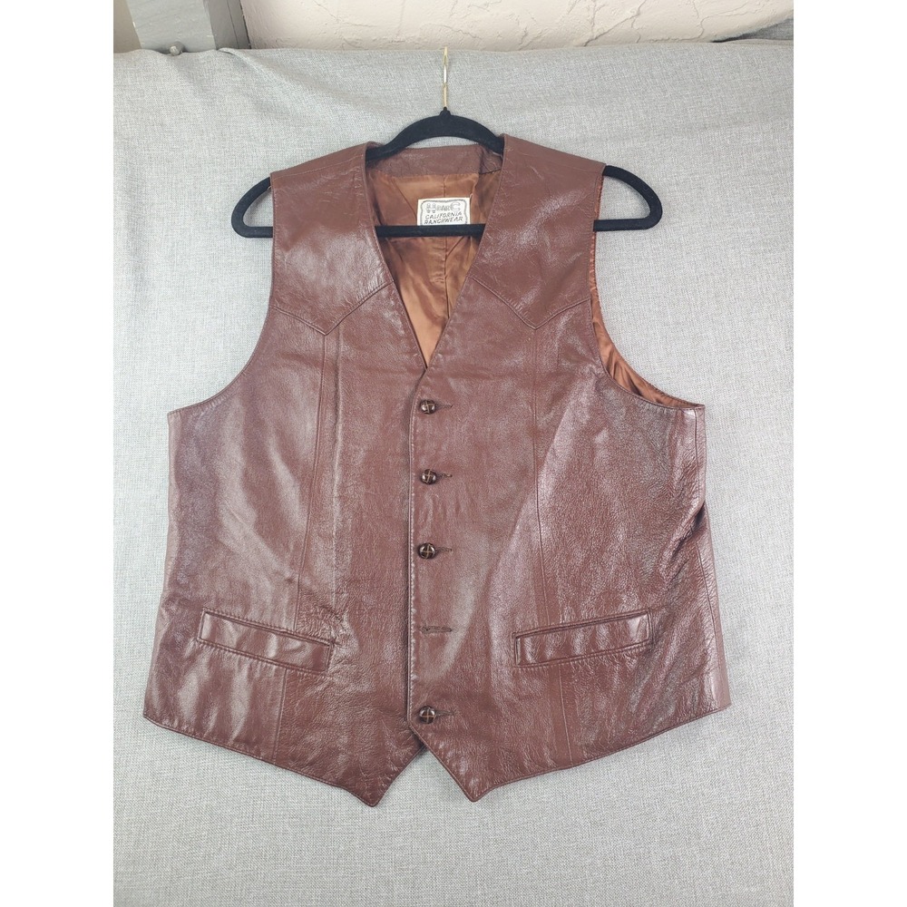 vintage H Bar C California Ranchwear Leather Vest Mens 44 Brown Western Cowboy